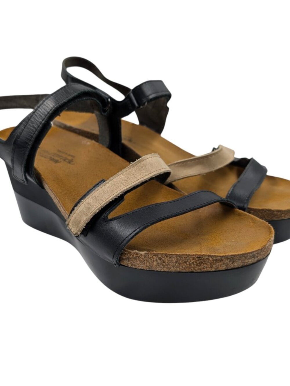 Naot Womens Size 42/US 11 Canaan Black Tan Cork Insole Wedge Strappy Sandals